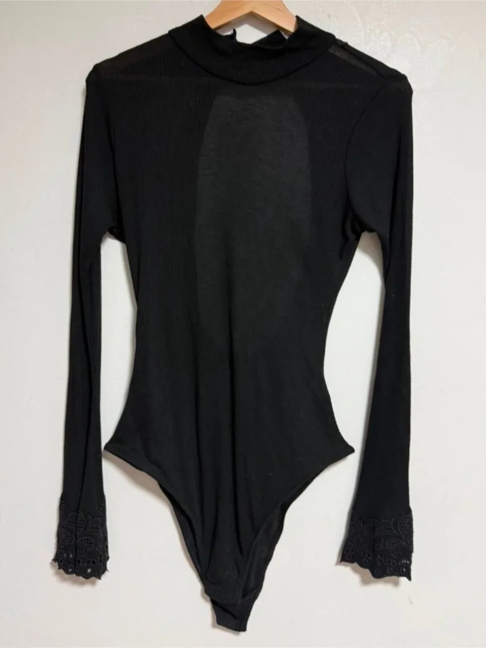 Free People Black Ribbed Mock Neck Open Back Lace Trim Bodysuit Large